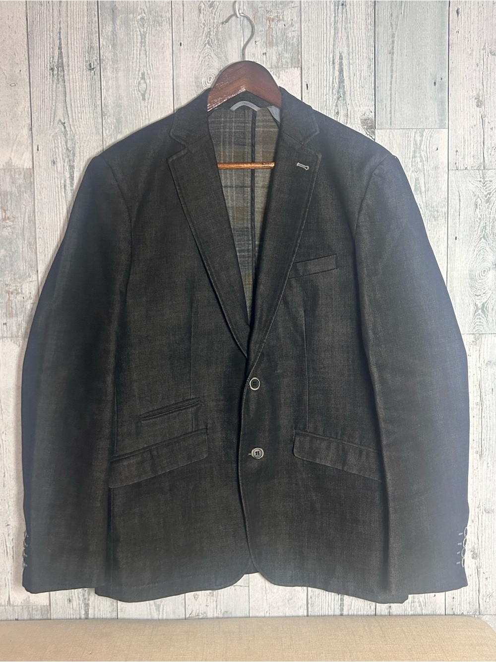 Bosco Uomo Men's 42R. Black Cotton Blend Denim Blazer Sport Coat Plaid Lined